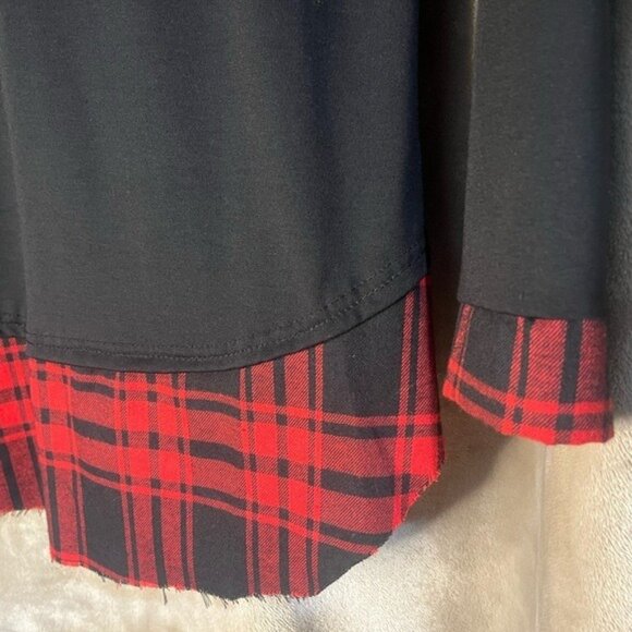 Black Long Sleeve Tunic Top Red Buffalo Plaid Cuff Hemline Round Neckline Large - Picture 10 of 10